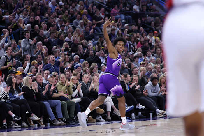 Jan 3, 2024; Salt Lake City, Utah, USA; Utah Jazz guard Collin Sexton (2) reacts to making a three point shot against the Detroit Pistons during the second quarter at Delta Center.